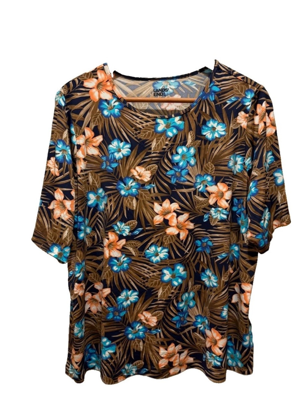 Lands' End Swim Tee Shirt Coverup Tropical Leaf Flower Rashguard Plus 1X 16W-18W